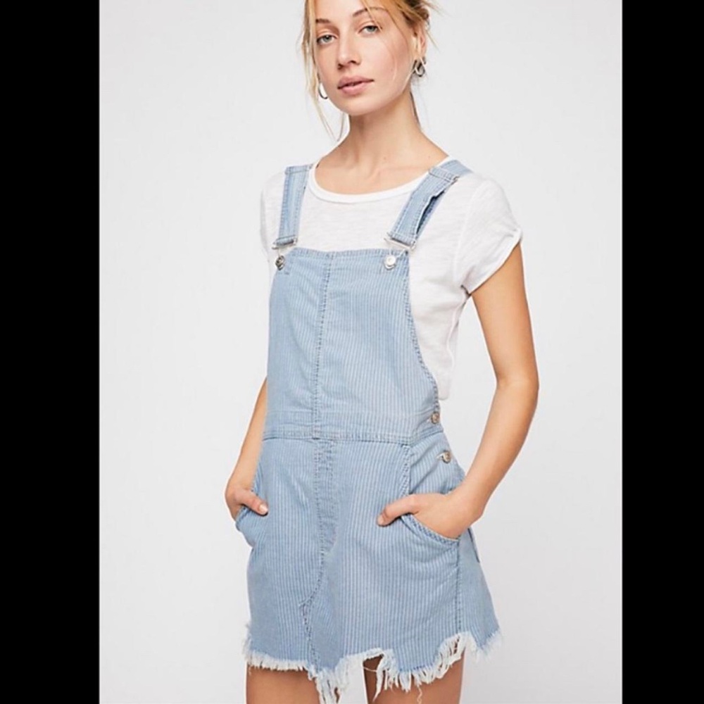 Free People Light Blue Denim Striped Overall Skirt
